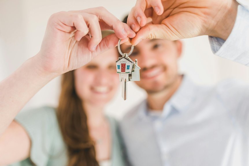 Picture of happy couple holding keys to their new home